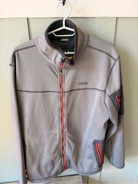 Cabela's Men's Light Gray Jacket with Red Zip Accents